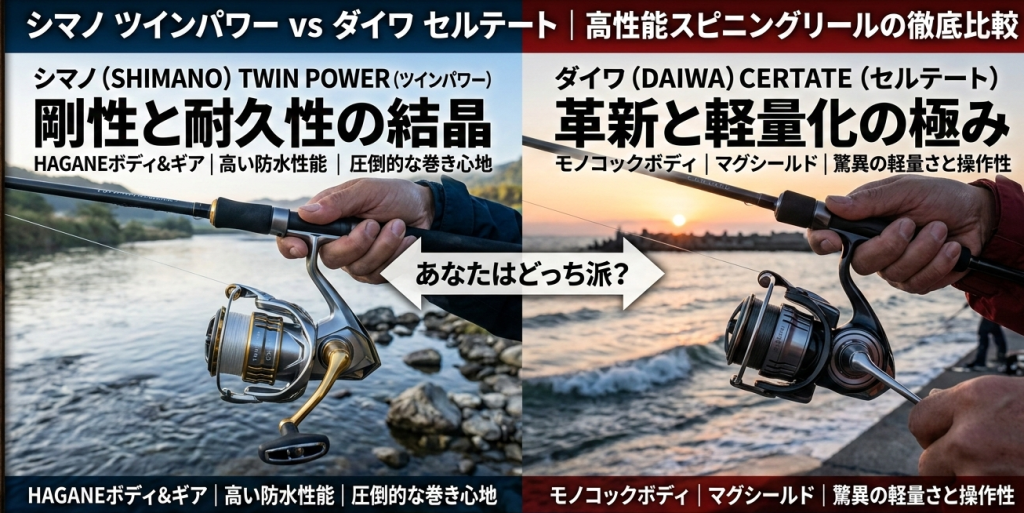 シマノのリールツインパワーとダイワのリールセルテートの違いを比較【汎用性×使いやすさ】