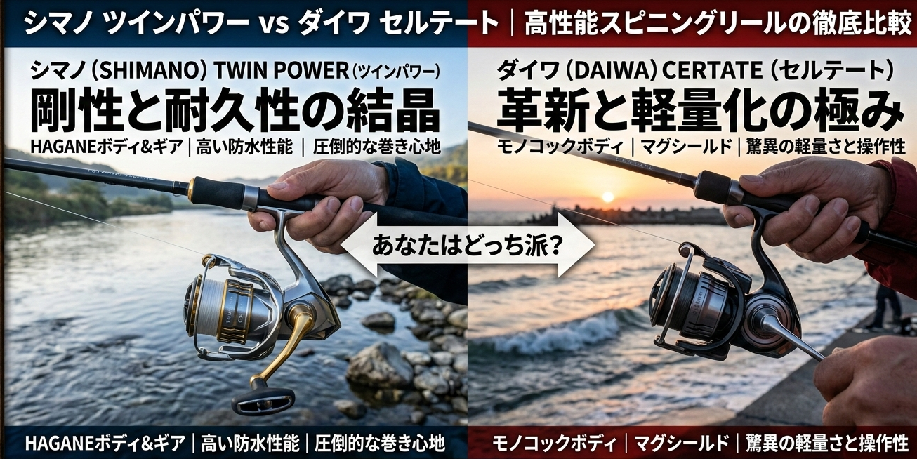 シマノのリールツインパワーとダイワのリールセルテートの違いを比較【汎用性×使いやすさ】