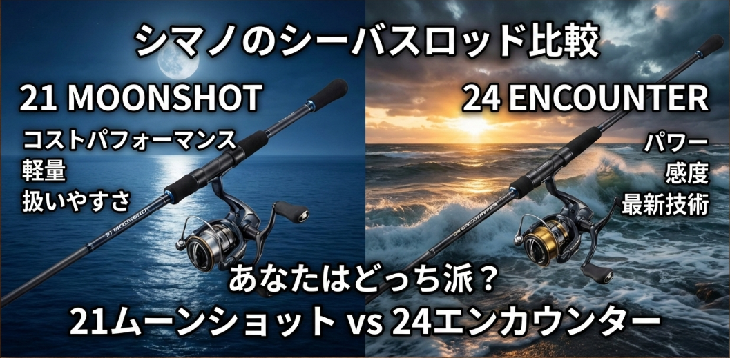 シマノのシーバスロッド 21ムーンショットと24エンカウンターどっちがおすすめ？【機能vs価格】