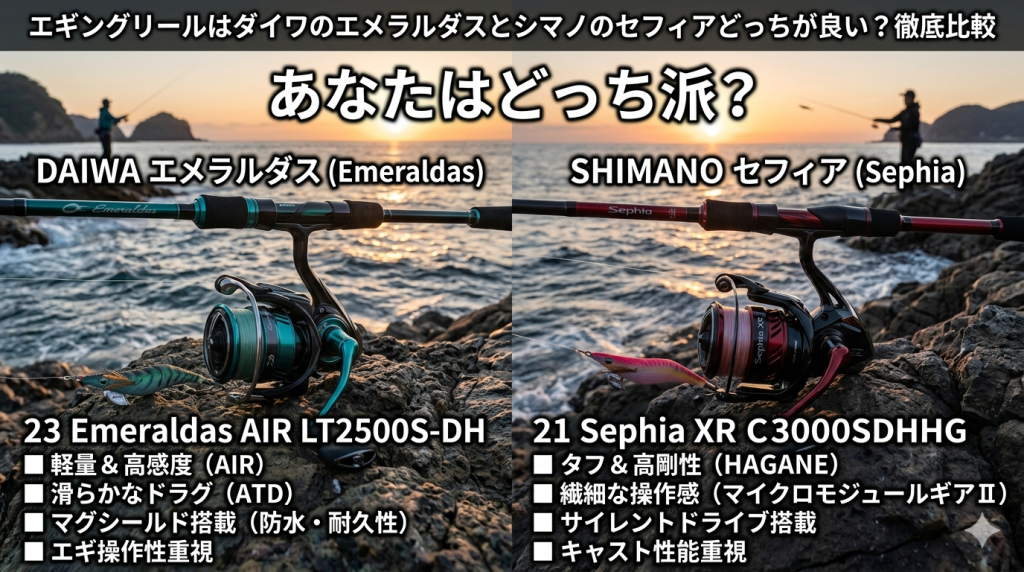 エギングリールはダイワのエメラルダスとシマノのセフィアどっちが良い？徹底比較