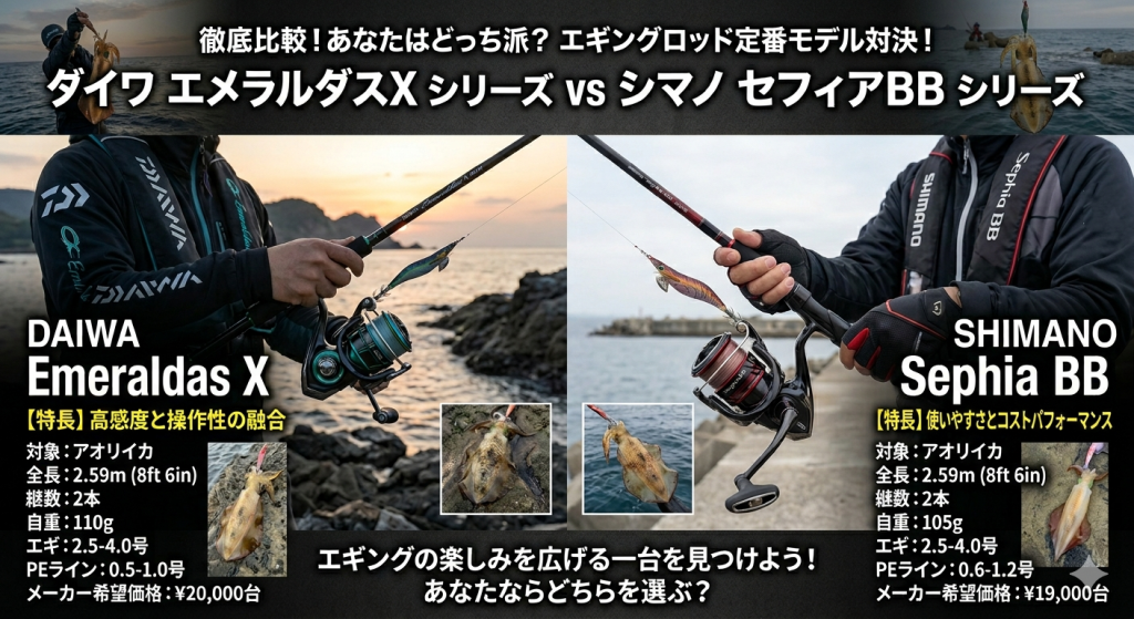 エギングロッドのダイワのエメラルダスXシリーズとシマノのセフィアBBシリーズどっちが良いの？