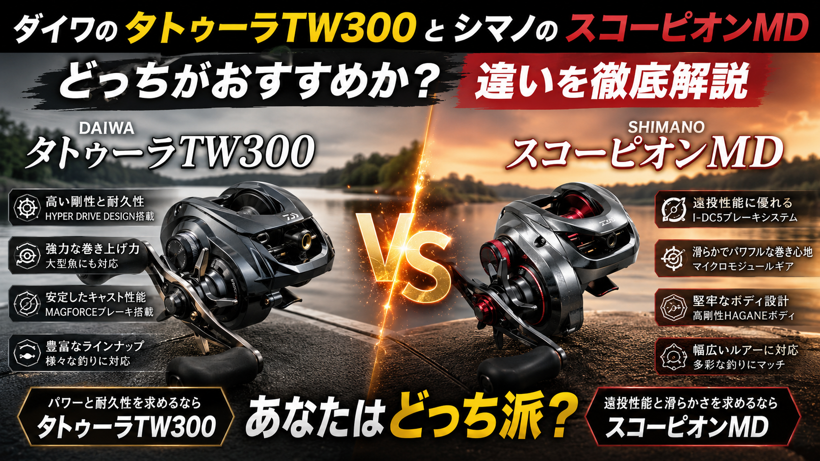 ダイワのタトゥーラTW300とシマノのスコーピオンMDどっちがおすすめか？違いを徹底解説