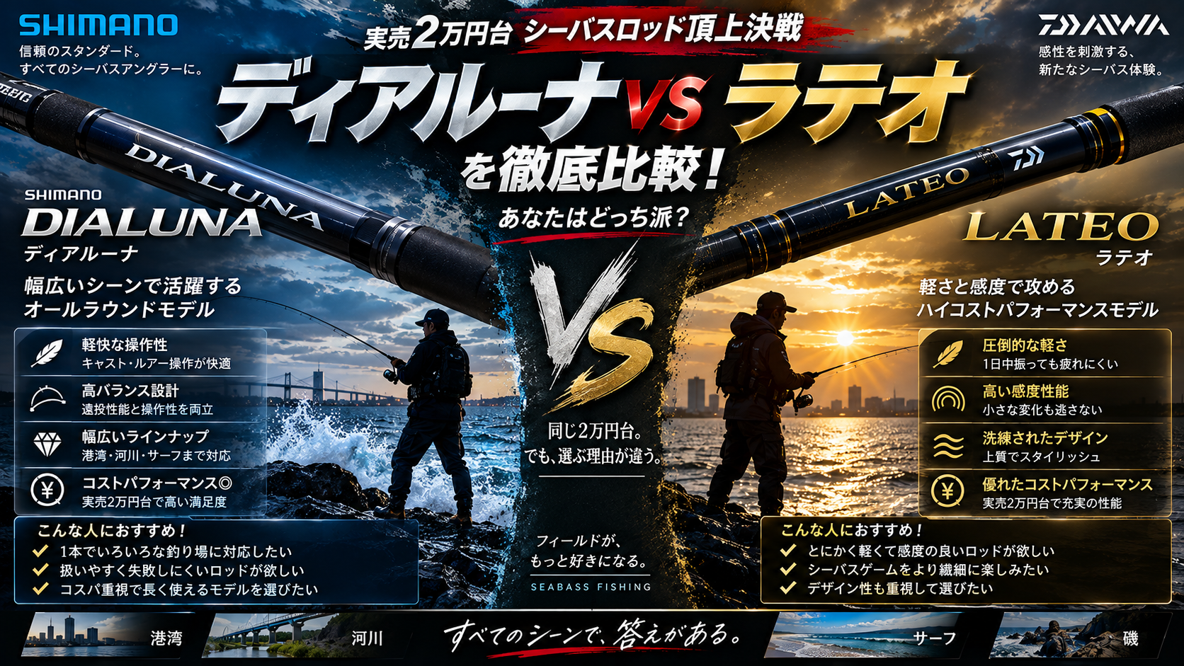 ディアルーナ vs ラテオを徹底比較！実売2万円台シーバスロッド頂上決戦