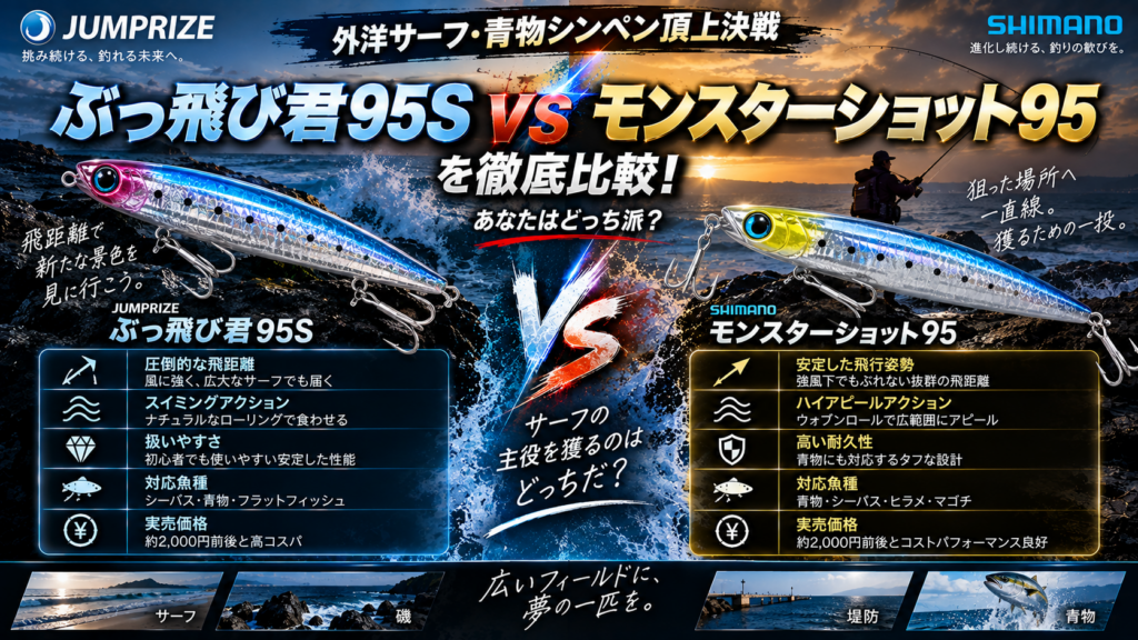 ぶっ飛び君95S vs モンスターショット95を徹底比較！外洋サーフ・青物シンペン頂上決戦