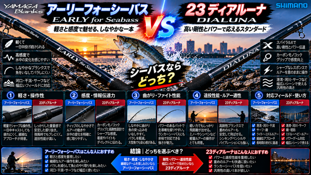 ヤマガブランクス EARLY for Seabassと23ディアルーナを徹底比較！シーバスならどっち？