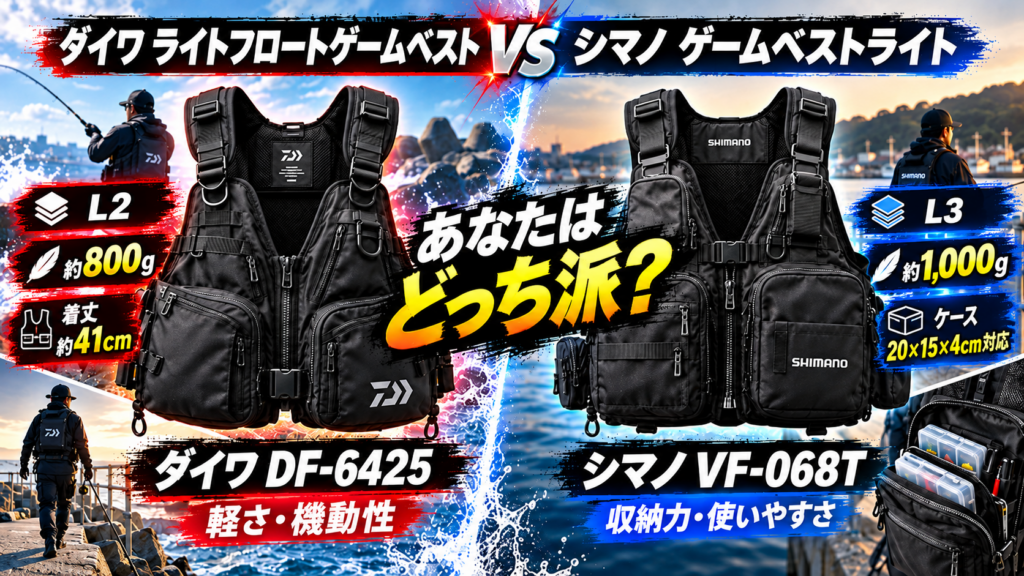 ダイワ ライトフロートゲームベスト DF-6425とシマノ ゲームベストライト VF-068Tの特徴・スペック3項目を比較したアイキャッチ