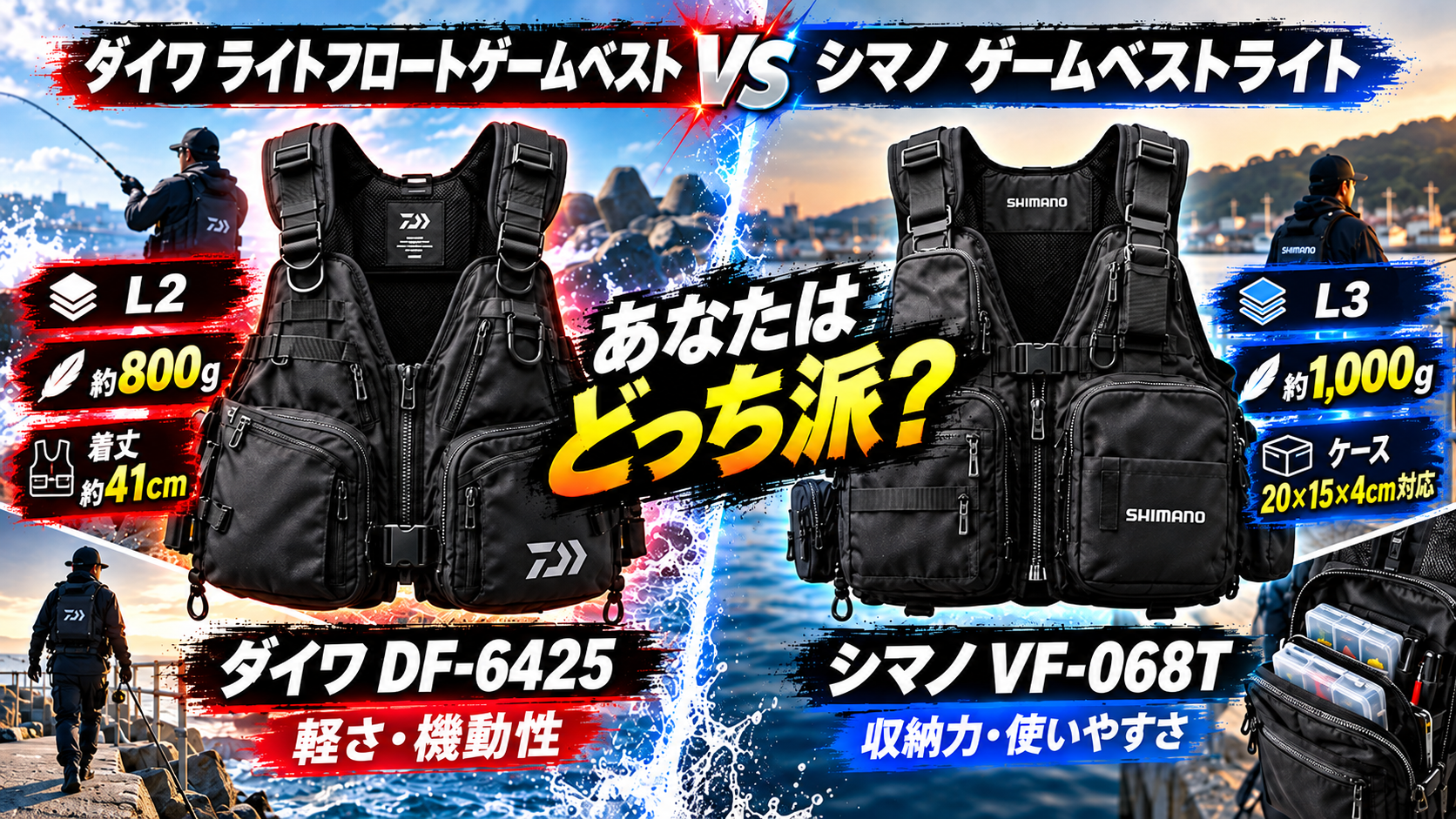 ダイワ ライトフロートゲームベスト DF-6425とシマノ ゲームベストライト VF-068Tの特徴・スペック3項目を比較したアイキャッチ