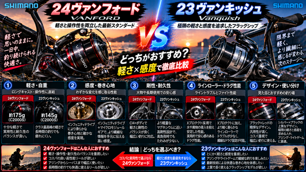 24ヴァンフォードと23ヴァンキッシュの違いを徹底比較！どっちがおすすめ？【軽さ×感度】